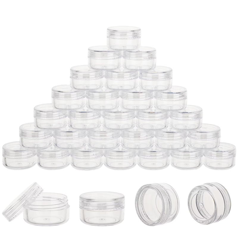 HPPFFY 100 Count 5 Gram Sample Containers, Clear Lip Balm Containers with Lids, Small Plastic Sample Jars with 8 Mini Spoons, 100pcs Labels (Clear Lid) - Image 1